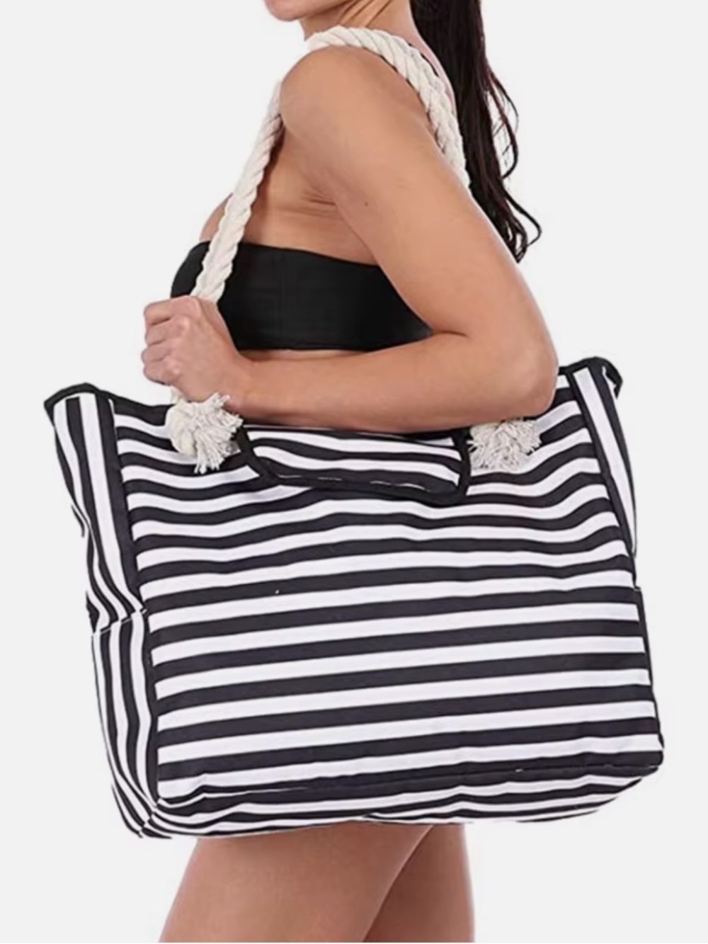 SPACIOUS BLACK AND WHITE STRIPED ROPE HANDLE WATERPROOF BEACH TOTE BAG 🌟NEW🌟